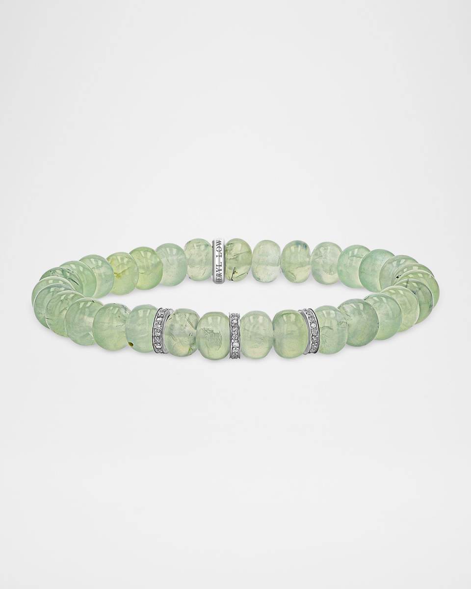 Prehnite Bead Bracelet with Sterling Silver and Diamond Rondelles
